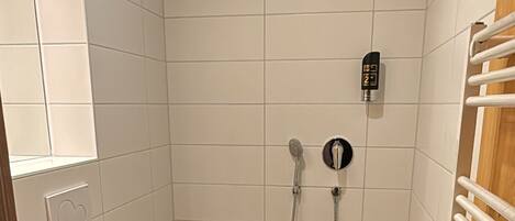 A small bathroom with a toilet, a shower with a handheld showerhead, and a towel rack.