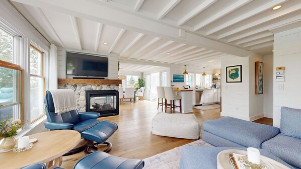 Smart TV, fireplace, books