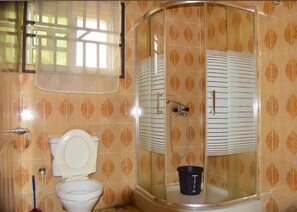 Une salle de bain avec des toilettes, une douche et un seau.