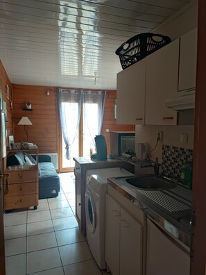 A compact kitchen with a washing machine, a sink, and a coffee maker. - Chalet in a peaceful setting (Rochesson)