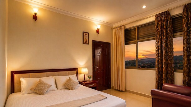 A hotel room with a bed, a nightstand with a lamp, a chair, a door, and a window with curtains. - DV Appart Hotel (Kigali)