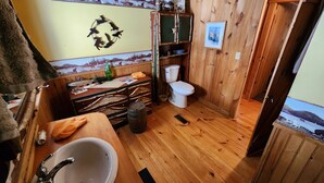 Une salle de bain rustique, avec des murs en bois, comprenant un lavabo, des toilettes et un miroir fixé au mur.