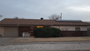 Une maison de plain-pied avec un toit brun, une porte de garage, un petit patio avec une table et des chaises, et un grand arbuste devant.