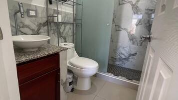 Shower, hair dryer, towels, soap