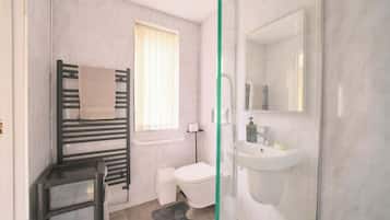 Shower, hair dryer, shampoo