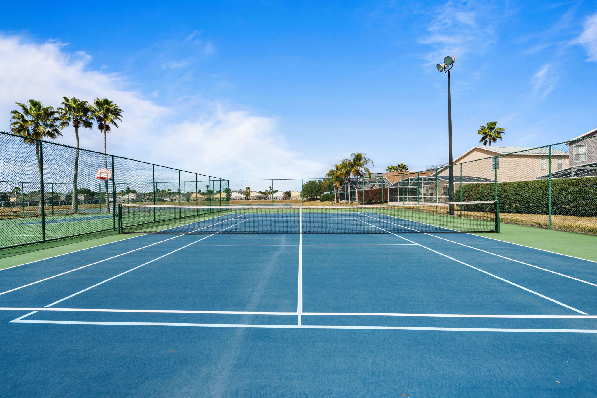 A tennis court with a net, surrounded by a fence, palm trees, and buildings in the background.