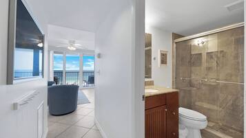 Hair dryer, towels, soap, toilet paper