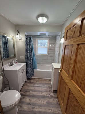 Hair dryer, towels, soap, toilet paper