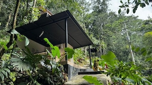 Un piccolo edificio moderno con tetto spiovente, immerso in una rigogliosa vegetazione tropicale.