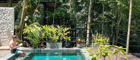 Piscine extérieure, chaises longues