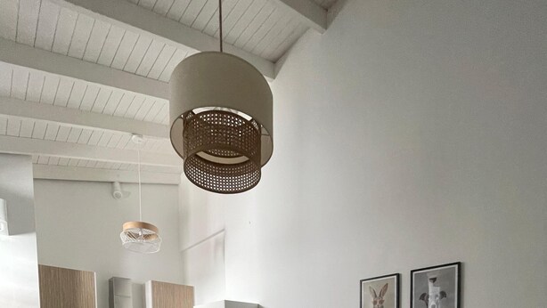 Un soggiorno moderno con un divano color petrolio, un tavolino in legno e una lampada a sospensione.