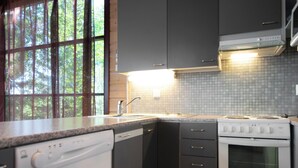 Een moderne keuken met donkere kastjes, een vaatwasser, een oven en een spoelbak.