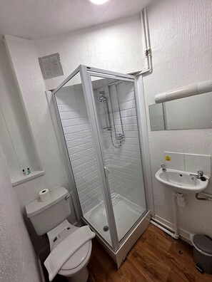 A bathroom with a glass-enclosed shower, a toilet, a sink, and a mirror. - Standard Triple Ensuite (Skegness)