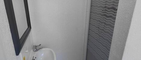 A small bathroom with a white sink, a mirror, and a shower enclosure.