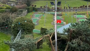 Un parcours de golf avec un pont, des arbres et une vue sur la mer.