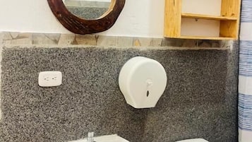 Chuveiro, toalhas de banho, sabonete, papel higiênico