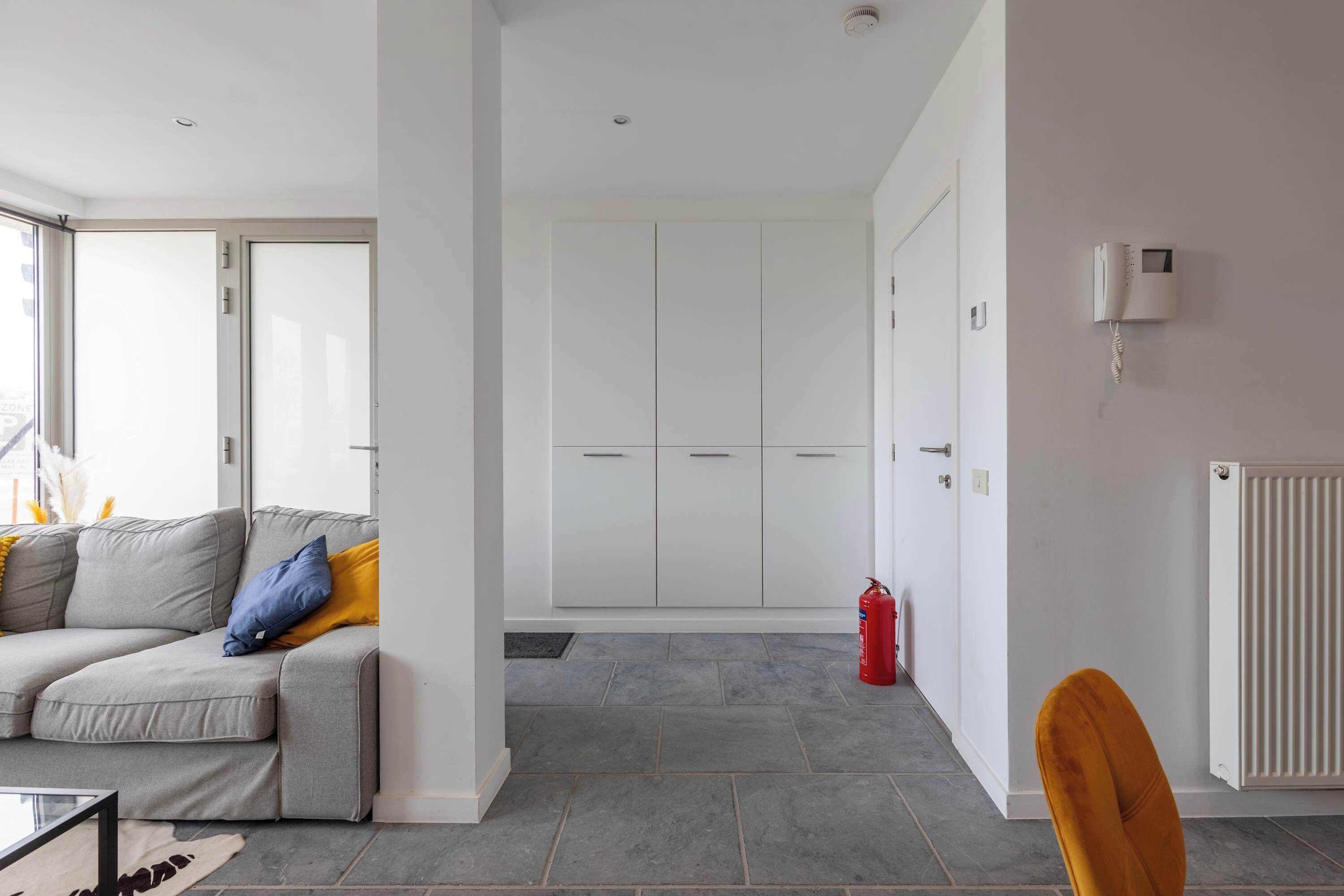 A modern living room with a grey sofa, a red fire extinguisher, and a white wardrobe in the background.