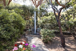 Ein Gartenweg mit einer zentralen Metallskulptur, umgeben von verschiedenen Pflanzen und Bäumen.