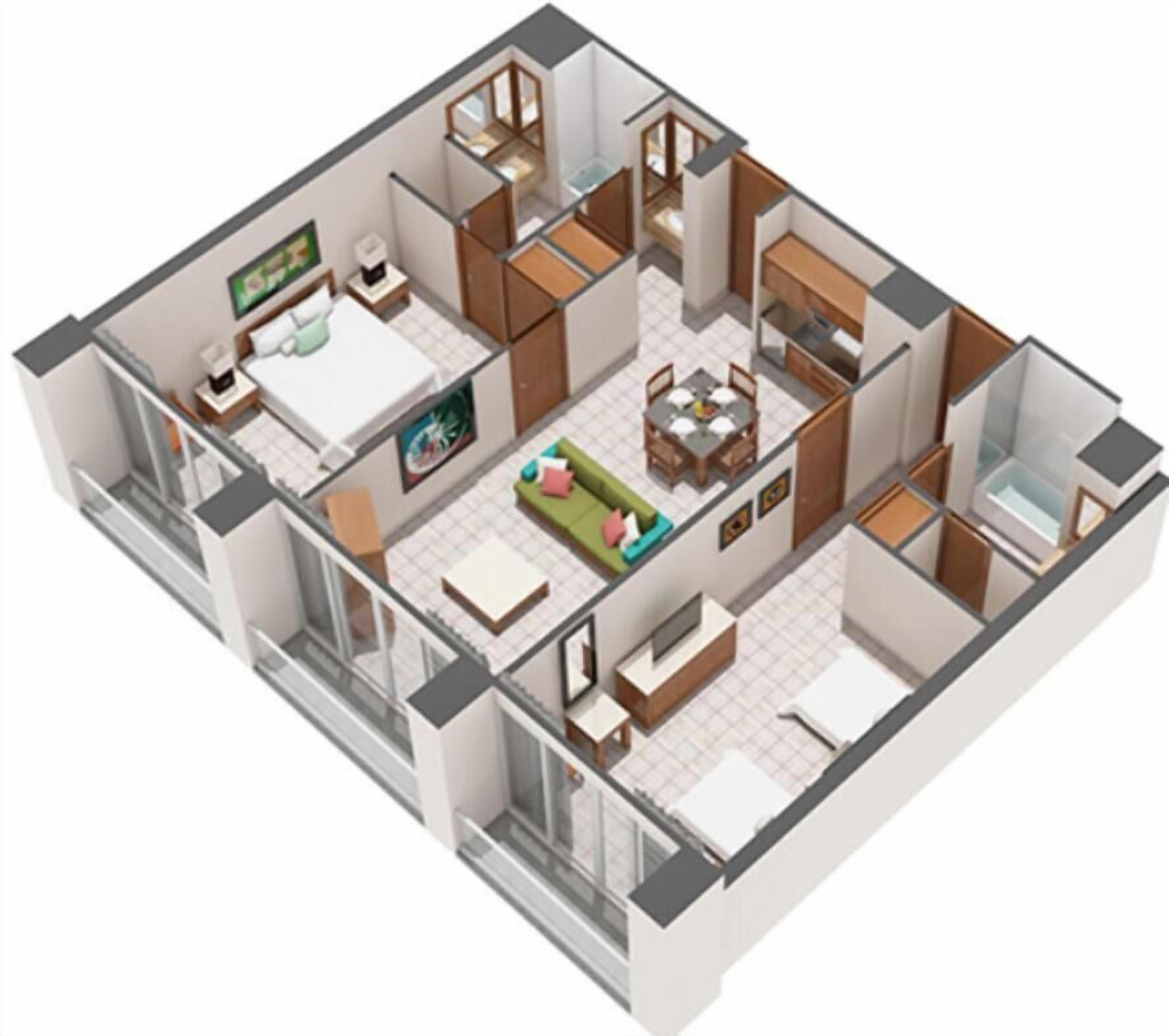 A 3D floor plan of a modern apartment with a living room, kitchen, dining area, and two bedrooms.