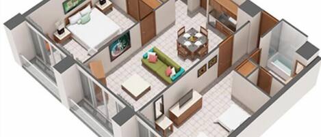 A 3D floor plan of a modern apartment with a living room, kitchen, dining area, and two bedrooms.