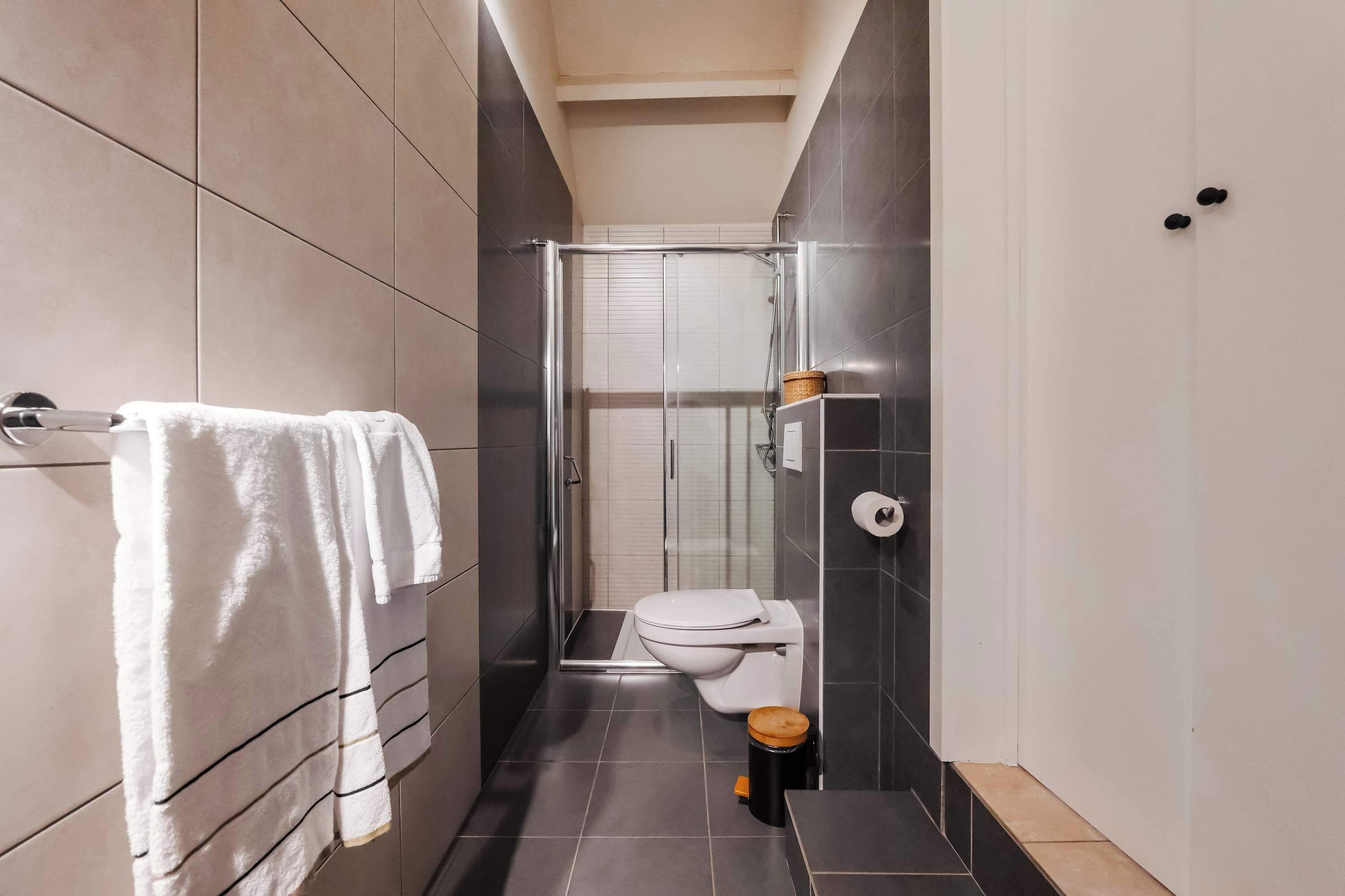 Shower, hair dryer, towels, shampoo