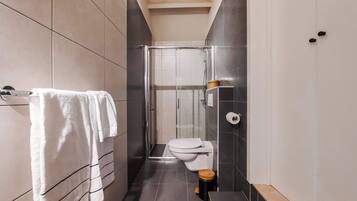 Shower, hair dryer, towels, shampoo