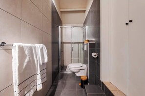 Douche, séchoir à cheveux, serviettes fournies, shampooing