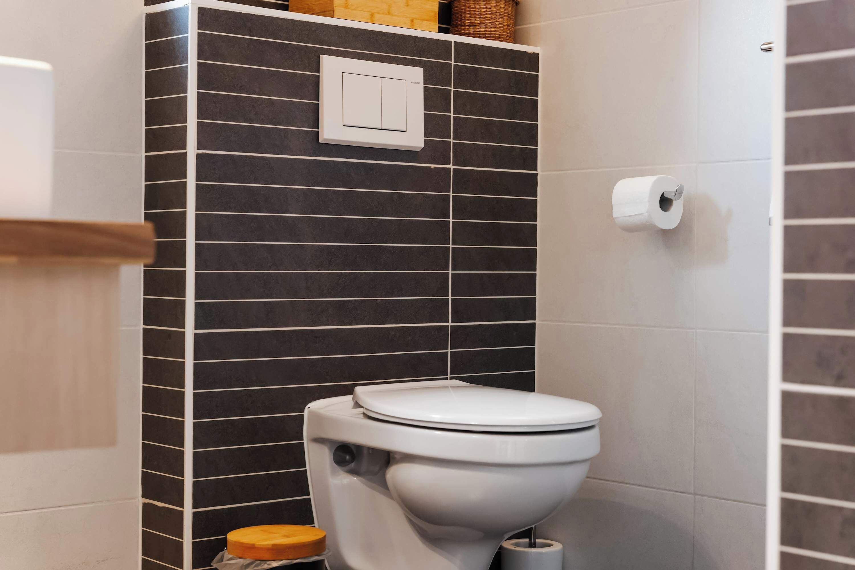 A bathroom with a toilet, a roll of toilet paper, and a wall-mounted light switch.