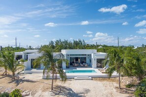 A modern beachfront property with a pool, outdoor seating, and palm trees. - Villa Nanina 3 Bedroom,3 Bathroom Beachfront Paradise (Providenciales)