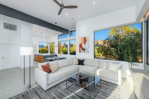 TV, fireplace - Luxury Hilltop Home With 360° Red Rock Views (Sedona)