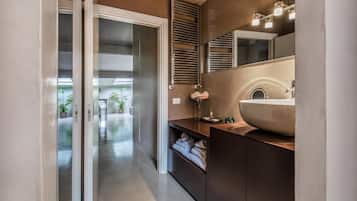 Hair dryer, towels, soap, toilet paper