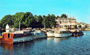 Uma marina com vários barcos atracados, um edifício grande com vários andares ao fundo, e árvores ao longo da orla.