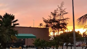 Une vue sur le coucher de soleil, avec des palmiers et un bâtiment en arrière-plan.