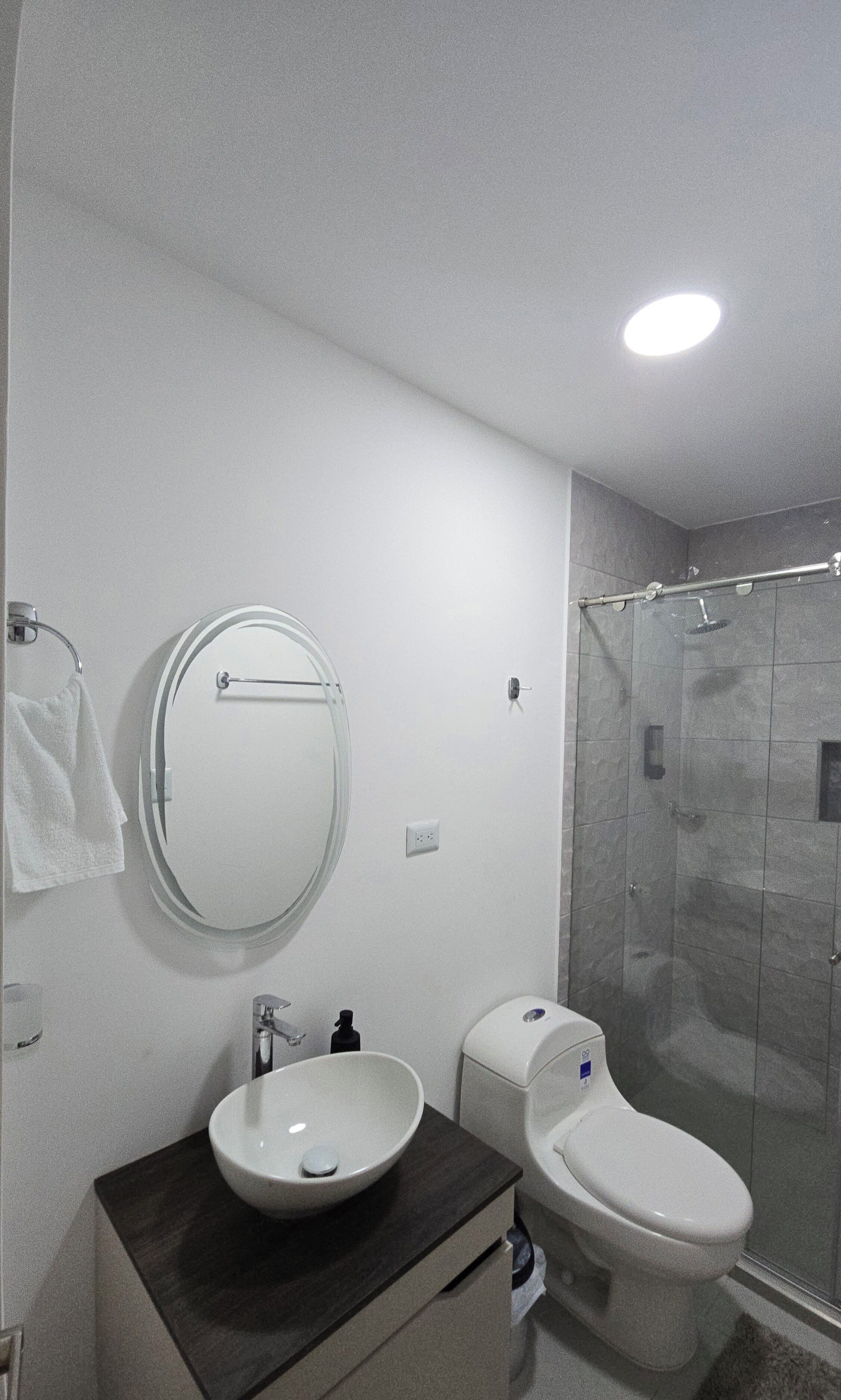 Shower, towels, soap, toilet paper