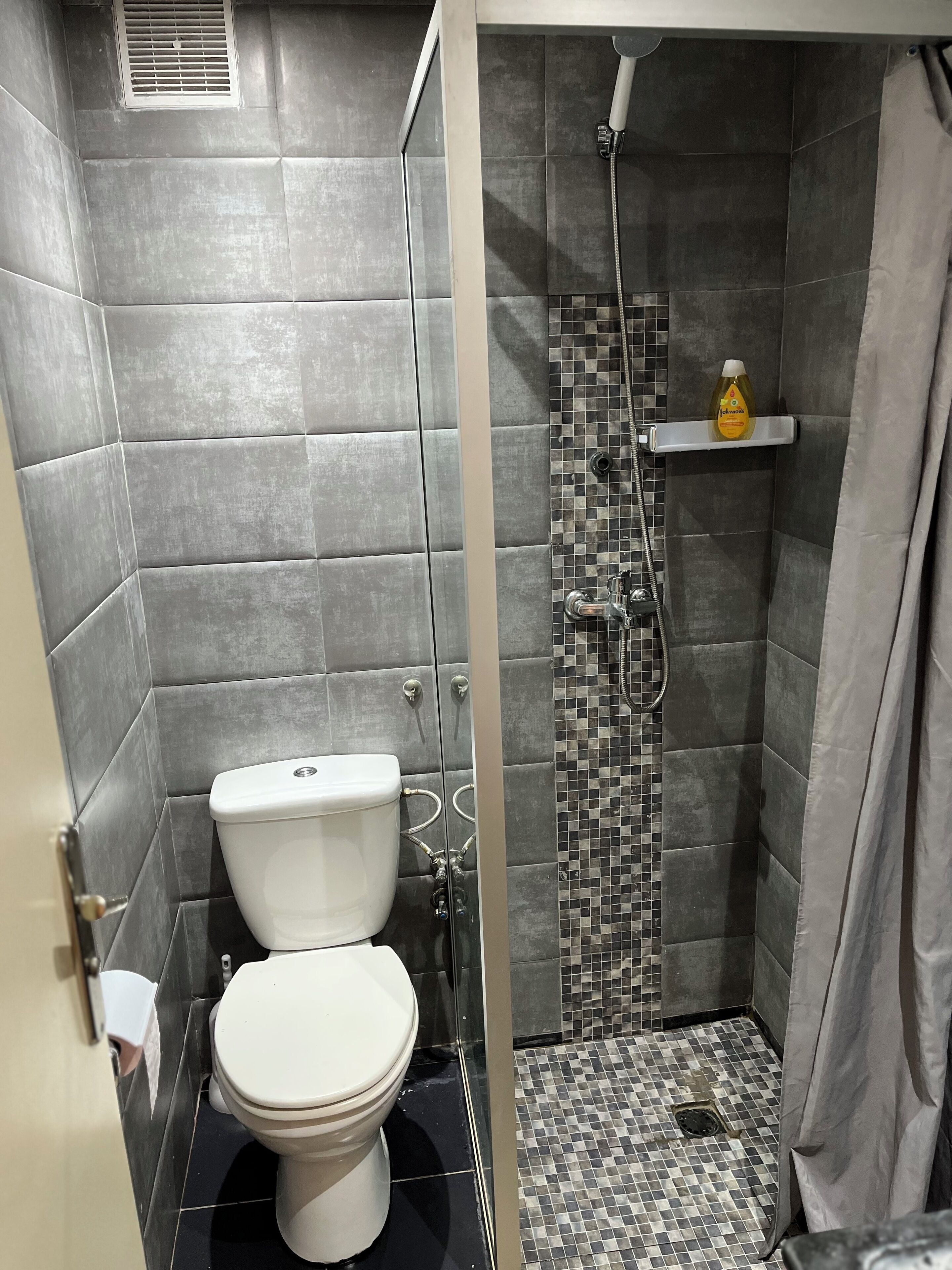A bathroom with a toilet, shower, and tiled walls.