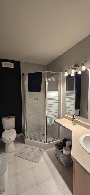 Shower, towels, soap, toilet paper