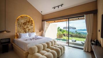 Villa panorámica, 1 habitación, piscina privada, vistas a la montaña | Sábanas de algodón egipcio, ropa de cama de alta calidad, minibar