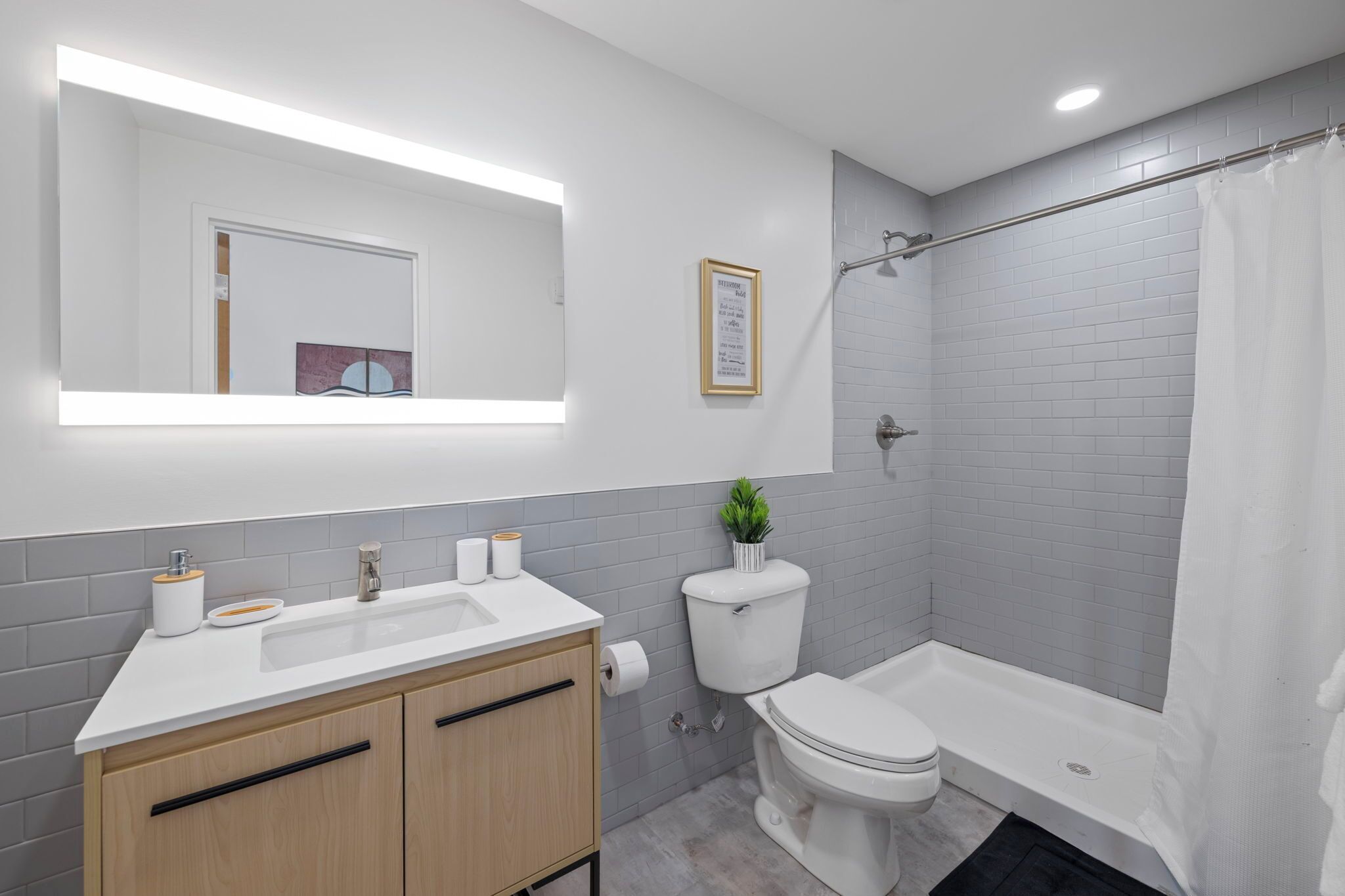 Hair dryer, towels, soap, shampoo