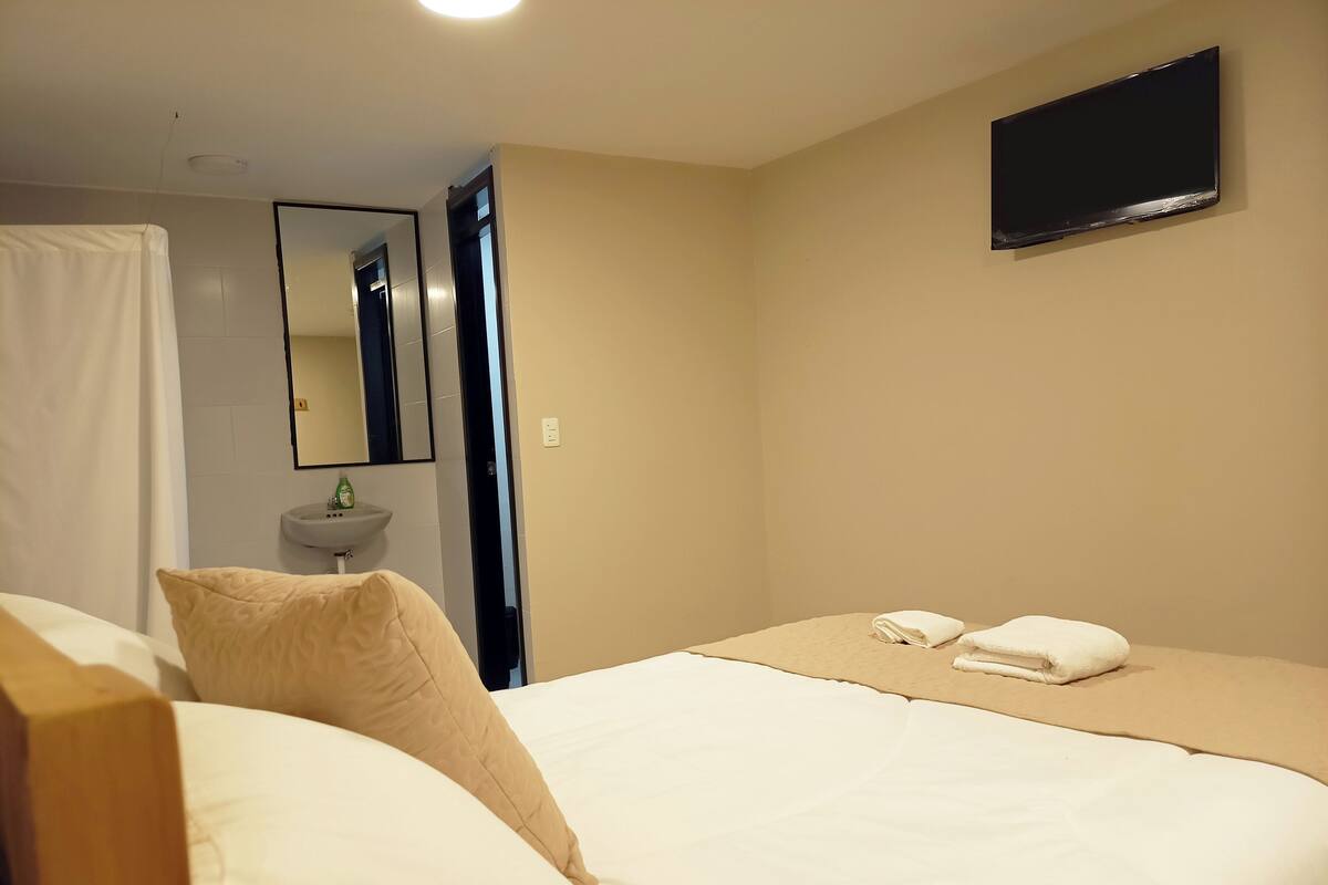 Een hotelkamer met een bed, nachtkastje, spiegel, wastafel en televisie.