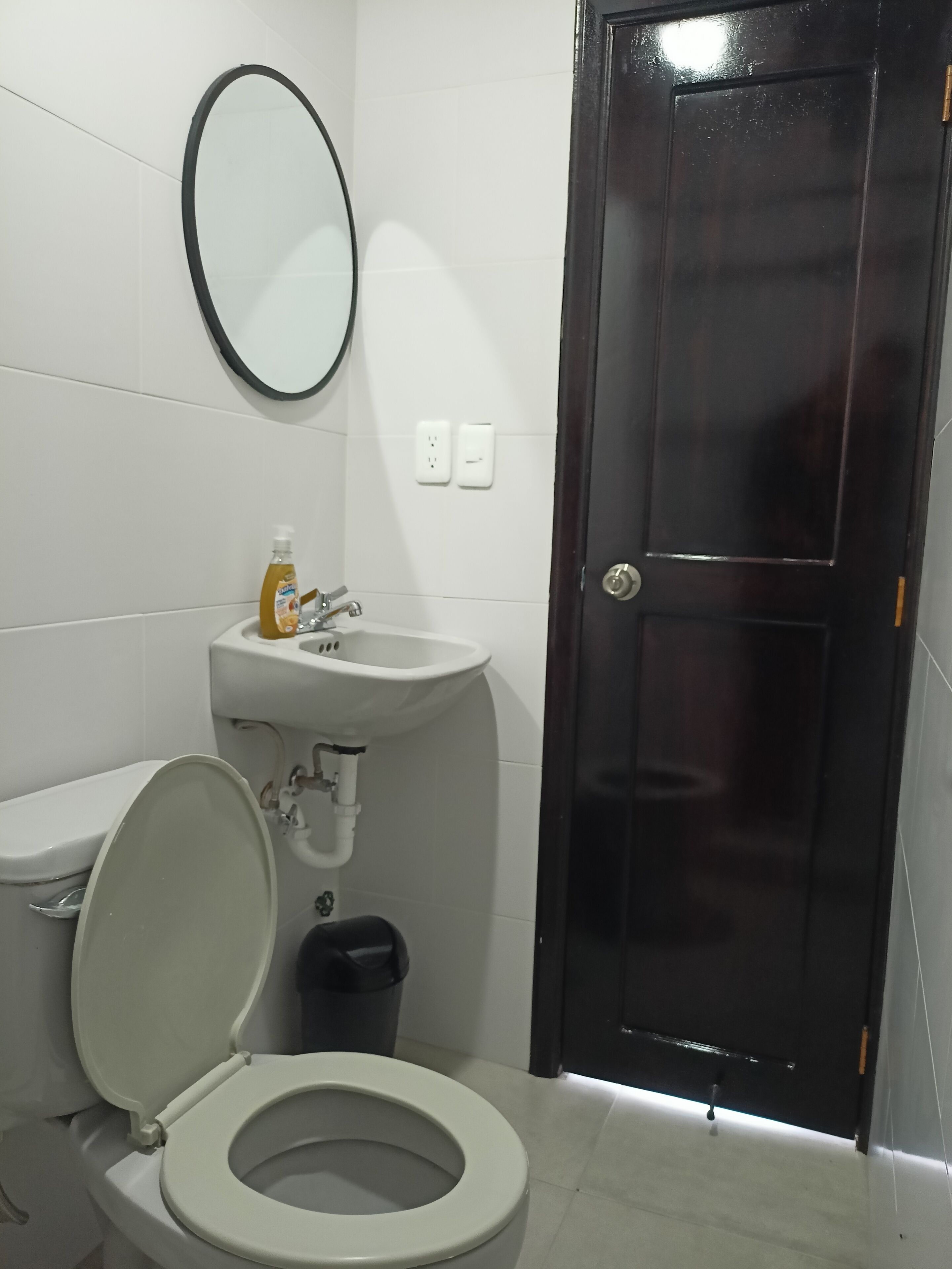 Un baño con inodoro, lavamanos, espejo y una puerta oscura.
