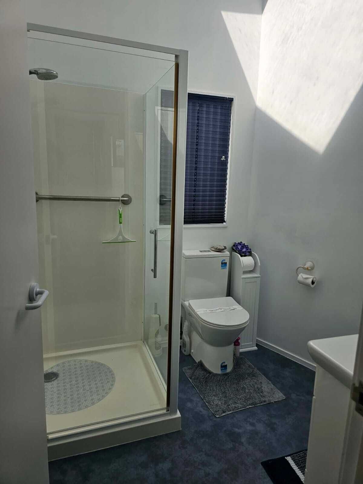 Une salle de bain avec une douche à parois de verre, des toilettes et un bidet.