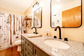 Hair dryer, towels, soap, shampoo