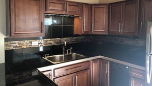 A modern kitchen with dark wooden cabinets, a black countertop, and a stainless steel sink. - Beautiful 2/2 Cottage waterfront property on Lake Jackson in Sebring FL. (Sebring)