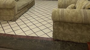 Un salon avec deux canapés, un tapis à motifs, un ventilateur de plafond et un appareil de climatisation.