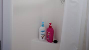 Hair dryer, towels, soap, toilet paper
