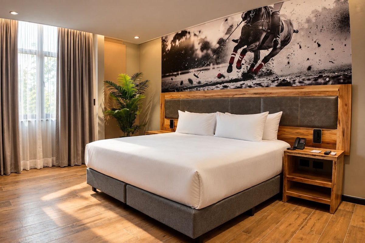 Habitación de hotel con una cama grande, un escritorio, una silla, una planta en maceta y un televisor instalado en la pared.