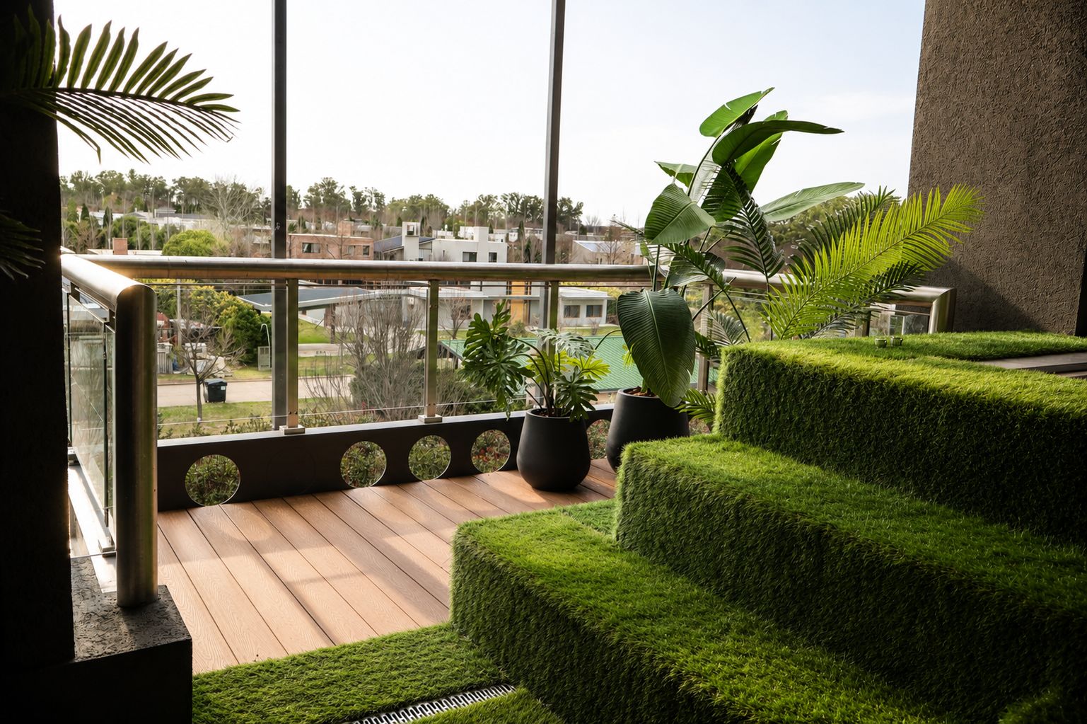 Un balcón con vista a una zona residencial, plantas en macetas y piso de madera.