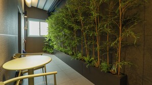 Un couloir agrémenté d’un mur où sont disposées des plantes, d’une fenêtre et d’un espace détente avec des chaises.