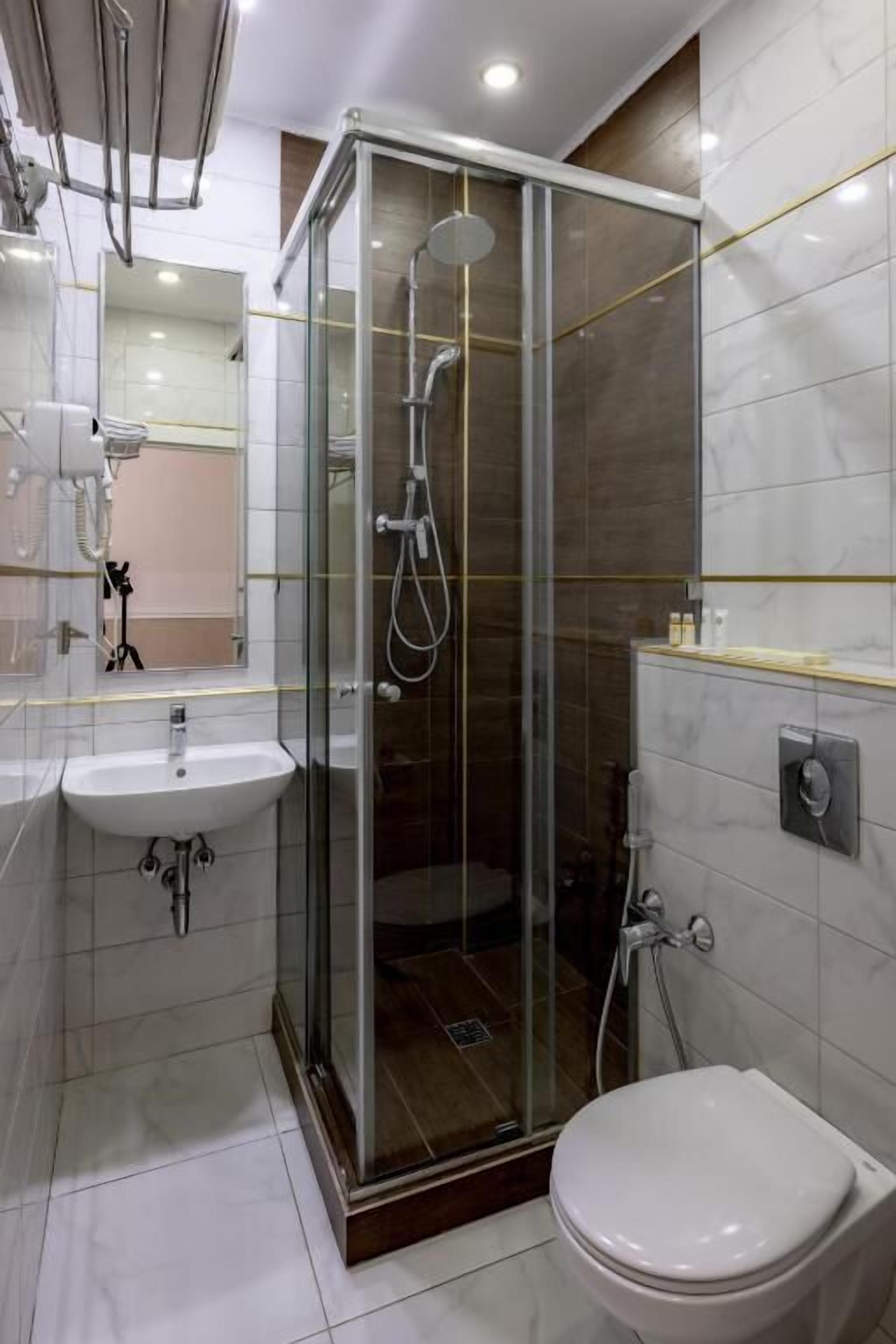 A modern bathroom with a glass-enclosed shower, a sink, and a toilet.