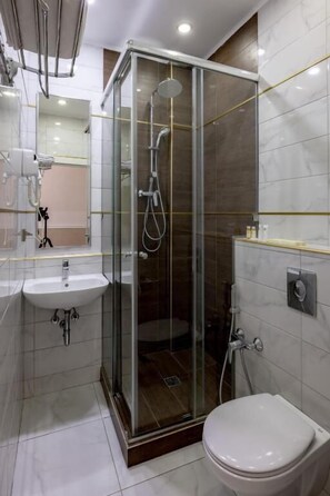 Ein modernes Badezimmer mit einer Duschkabine, einem Waschbecken und einer Toilette.